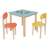 Mesa Infantil Colorida Com 2 Cadeiras Em Madeira