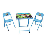 Mesa Infantil Com 2 Cadeiras Dobráveis Em Aço - Azul Carros