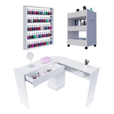Mesa Manicure L + Porta Esmaltes + Carrinho Auxiliar Oferta 