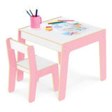 Mesa Mesinha E Cadeira Infantil Madeira Criança Rosa