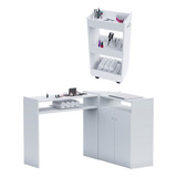Mesa Para Manicure Em L Completa + Carrinho Auxiliar Premium