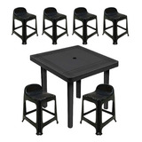 Mesa Plástica Quadrada Desmontável + 6 Banquetas C/ Encosto