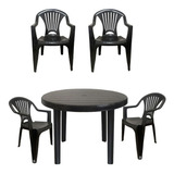 Mesa Plástica Redonda Desmontável +4 Poltrona Varanda Preta