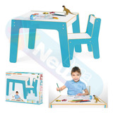 Mesinha Infantil Azul Rosa De Madeira Com 1 Cadeira Junges 