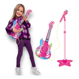 Microfone Com Guitarra Infantil Som E Luz Meninas Rock Show