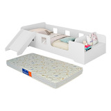 Mini Cama Montessoriana Com Colchão E Escorregador Manu Cor Branco