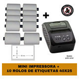 Mini Impressora Bluetooth + 10 Rolos Etiqueta Adesiva 40x25 Cor Preto