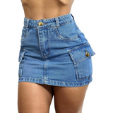Mini Saia Jeans Cargo Feminina Cintura Alta Empina Bumbum