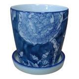 Mini Vaso Cachepot Porcelana Azul Branco Decorativo C/ Prato