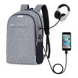 Mochila Anti Furto Notebook Saida Cabo Aux Usb Fone Ouvido Cor Mochila Antifurto Impermeável Cinza Desenho Do Tecido Liso