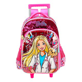 Mochila De Costas G Barbie Veterinária Rosa Paetê Com Pet Cor Água