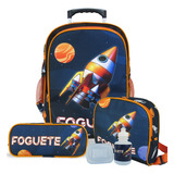 Mochila Escolar Foguete G Com Rodinhas - Kit Completo