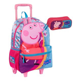 Mochila Escolar Peppa Rodinha E Estojo Colorido Sestini Cor Rosa Desenho Do Tecido Peppa Pig