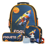 Mochila Foguete Tam M Com Rodinhas - Kit Escolar Completo