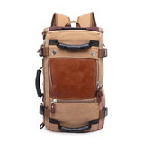 Mochila Grande Para Viagem De Lona E Couro Bolsa Alça Ombro