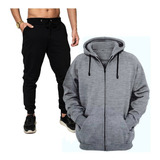 Moletom De Zíper Blusa De Frio + Calça Conjunto Preto