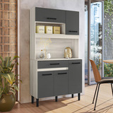 Nicioli Kit Armário De Cozinha Magazin Compacto 5 Portas E 1 Gaveta Com Balcão Multifuncional Cor Bianco E Chumbo