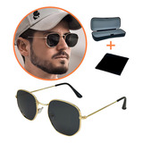 Óculos De Sol Hexagonal Unissex Retro Cor Preto Cor Da Armação Dourado Cor Da Lente Preto