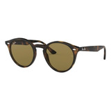 Óculos De Sol Ray-ban Round Rb2180 Standard Armação De Propionato Cor Polished Tortoise, Lente Brown De Plástico Clássica, Haste Polished Tortoise De Propionato