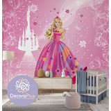 Painel Adesivo Barbie Castelo Mágico Rosa Jardim Florido 8m²