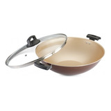 Panela Wok Antiaderente 32cm Tampa De Vidro Marrom Panelux