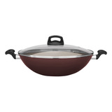 Panela Wok Antiaderente Marrom 32cm Tampa De Vidro Panelux