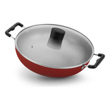 Panela Wok Antiaderente Vermelha Com Tampa De Vidro Teflon