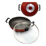 Panela Wok Tampa De Vidro Antiaderente Vermelho 30cm Stirfry