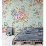 Papel De Parede Com Flores Rosas E Roxas Fundo Verde Marinho
