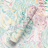 Papel De Parede Tigres De Bengala Abstrato Rosa Verde 10m