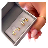 Par Aliança 4mm Banhada Ouro 18k E Solitário C/ Certificado