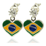 Par Brinco Bandeira Brasil Pedra Zirconia Prata 925