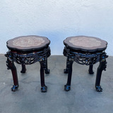 Par Mesa Lateral Antiga Chinesa Madeira Entalhada Marmore
