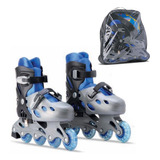 Patins Azul Menino C/ Kit Proteção Bolsa Ajustavel Freio 