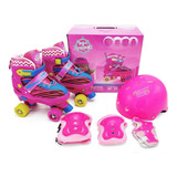 Patins Infantil 4 Rodas Rosa Menina Kit Proteção Unitoys C