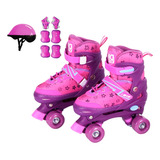 Patins Infantil Até 80kg Ajustável C/ Proteção Rosa Menina