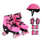 Patins Infantil Feminino Kit Completo 4 Rodas Freio Luz Led