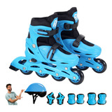 Patins Infantil Inline Azul 4 Rodas Gel Kit Proteção 34-37
