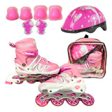 Patins Infantil Menina Luz Led 4 Rodas + Kit Capacete Rosa