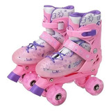 Patins Quad Rosa Regulável Tam 33-36 Rodas Led +kit Proteção