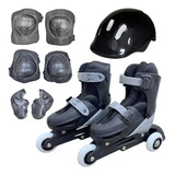 Patins Roller 3 Rodas Infantil Ajustável  Kit Proteção Preto