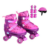 Patins Roller Ajustável Rosa C/ Cadarço+ Acessórios Proteção