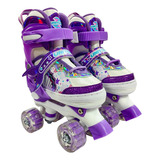 Patins Roller Quad Infantil Sereia Ajustável 4 Rodas C/ Led