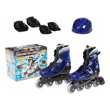 Patins Roller Regulável Inline Azul + Kit Proteção Infantil
