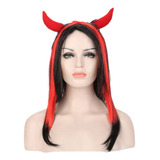 Peruca Longa Preta E Vermelha 60cm Fantasia Diaba Cosplay