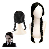 Peruca Preta Trança Franja Wandinha Familia Addams Cosplay