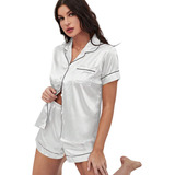 Pijama Americano Baby Doll Short Cetim Seda Elastano Branco