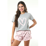 Pijama De Calor Feminino Love Mescla Empório Do Algodão
