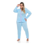 Pijama Feminino Aberto Botões Liso Plus Size Americano Frio