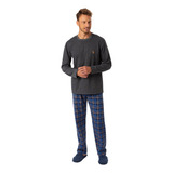 Pijama Flanelado Manga Longa Masculino Inverno Cinza Xadrez